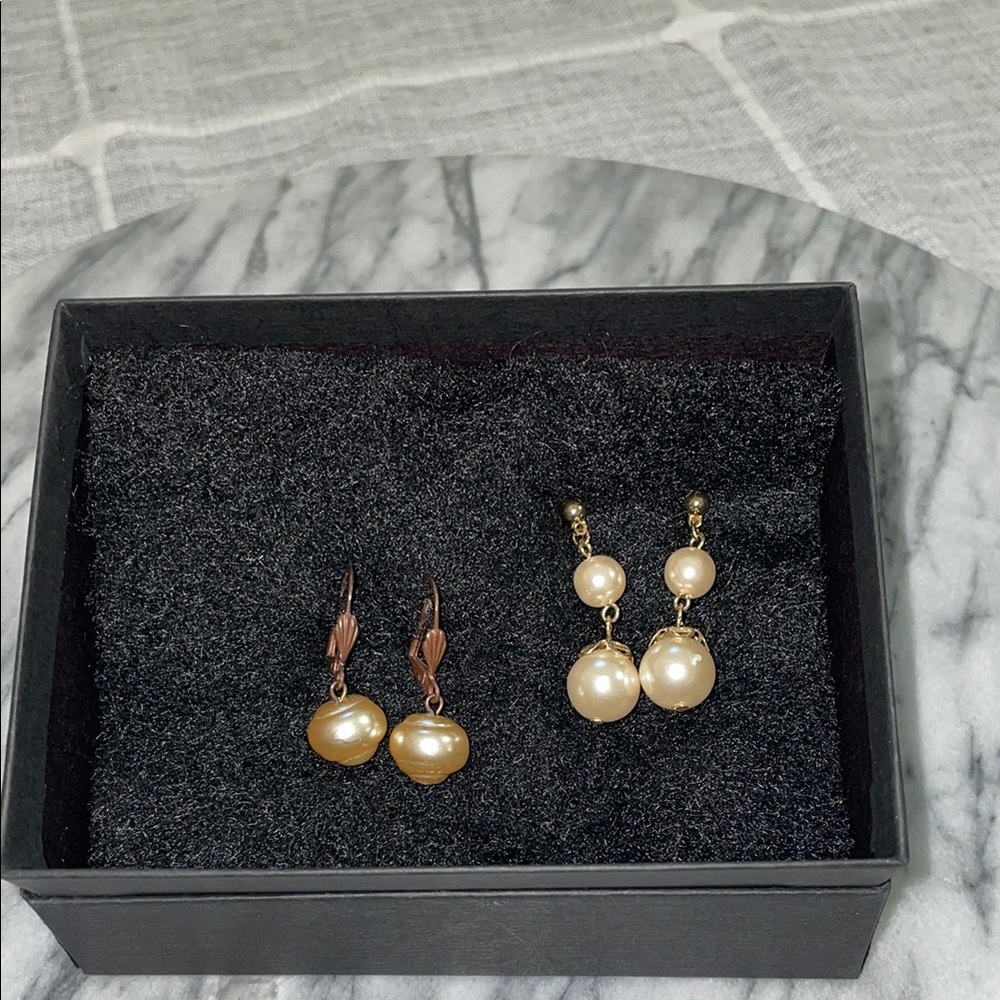 Gold and Antique Bronze Pearl Drop Earrings Set